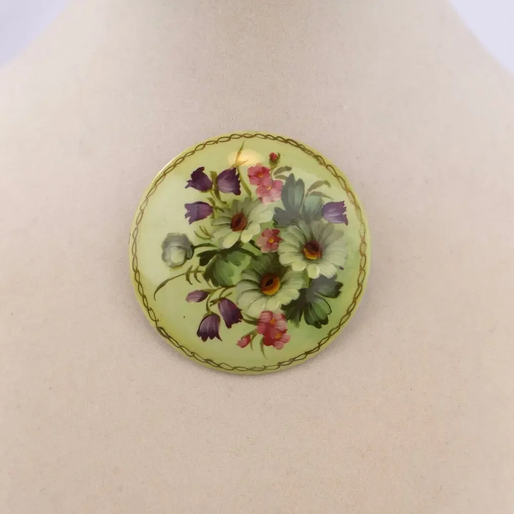 Antique Hand Painted Porcelain Flower Brooch 1900s Green Cottagecore‎ C Clasp